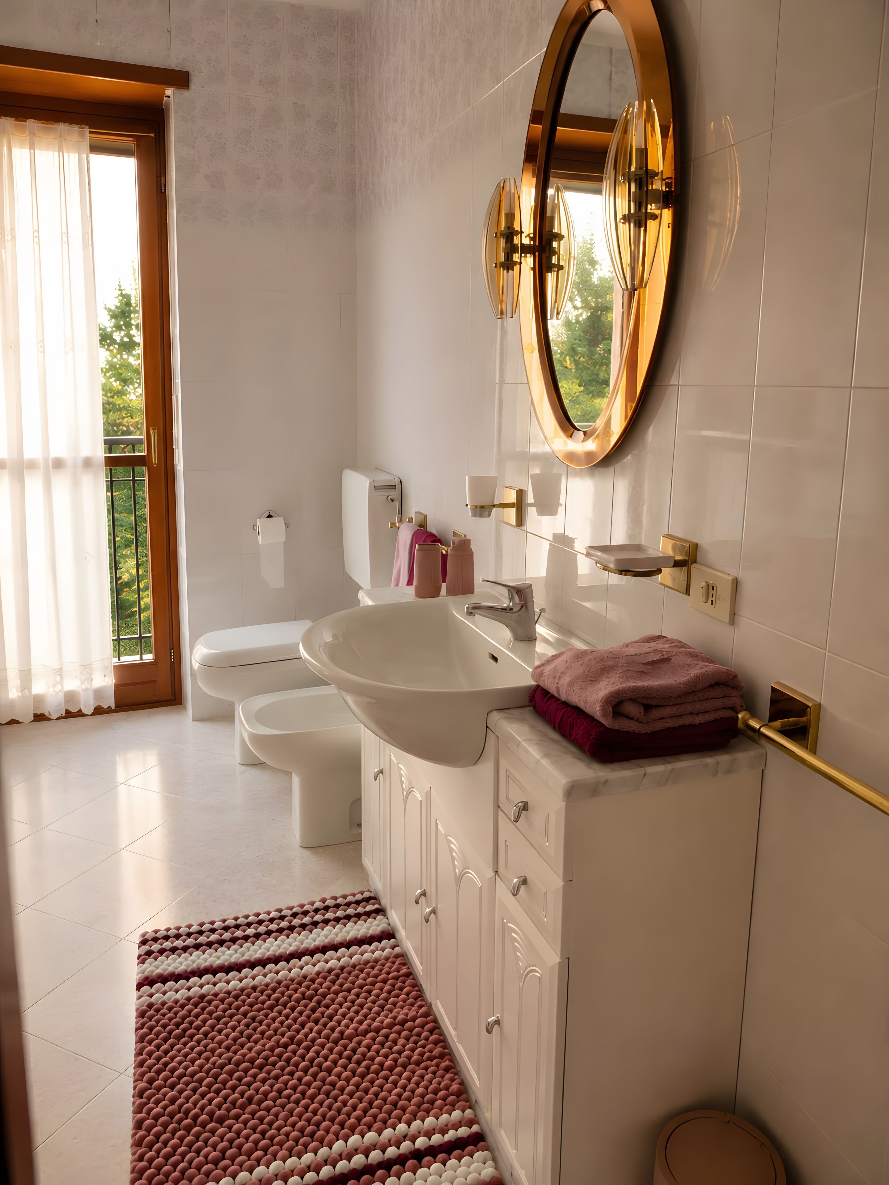 A bathroom with a large sink, toilet, and bidet, a mirror, and a window with curtains.