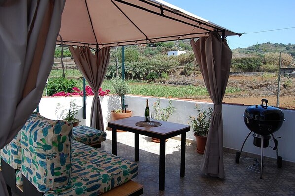 Eine Terrasse mit einer Sitzecke, Tisch, Topfpflanzen und einem Grill.