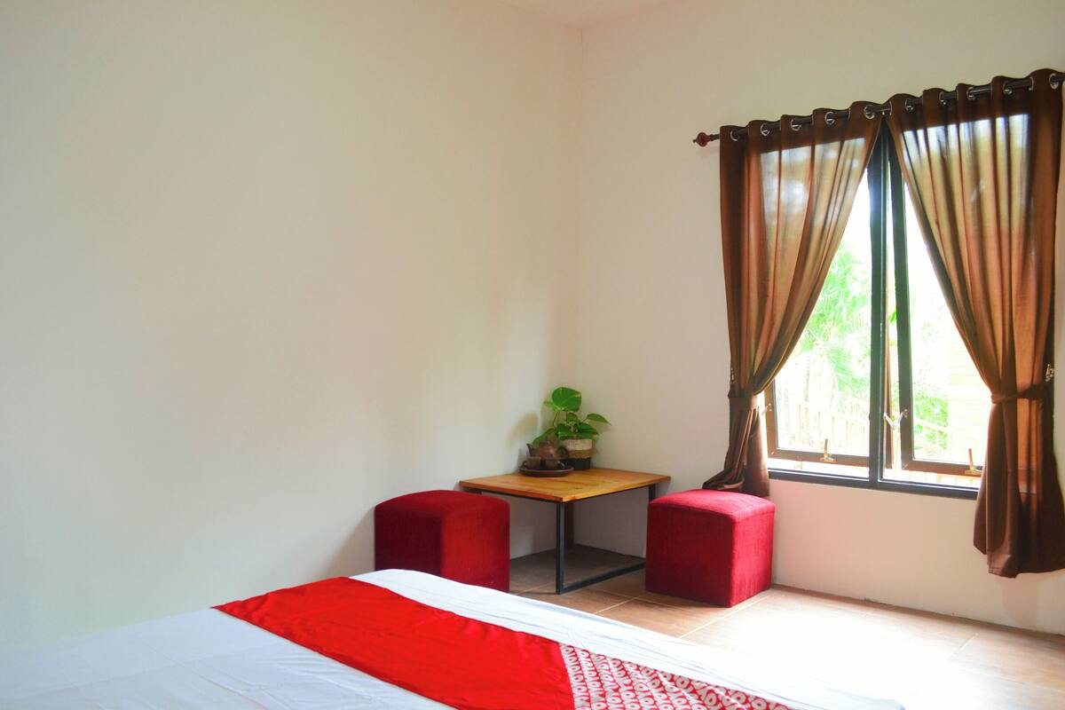 Ein kleines Zimmer mit einem Bett, einem Tisch mit einer Pflanze und zwei roten Stühlen.