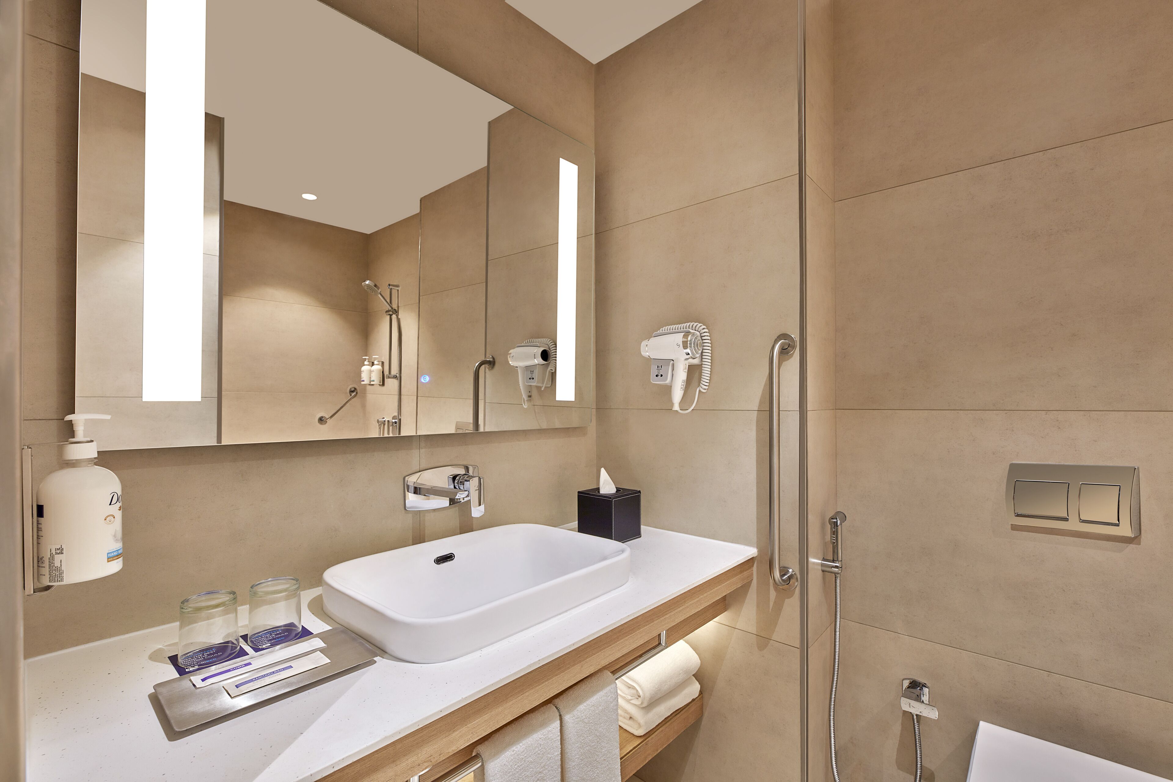 A modern bathroom with a large mirror, a sink, a handheld showerhead, and a towel rack.