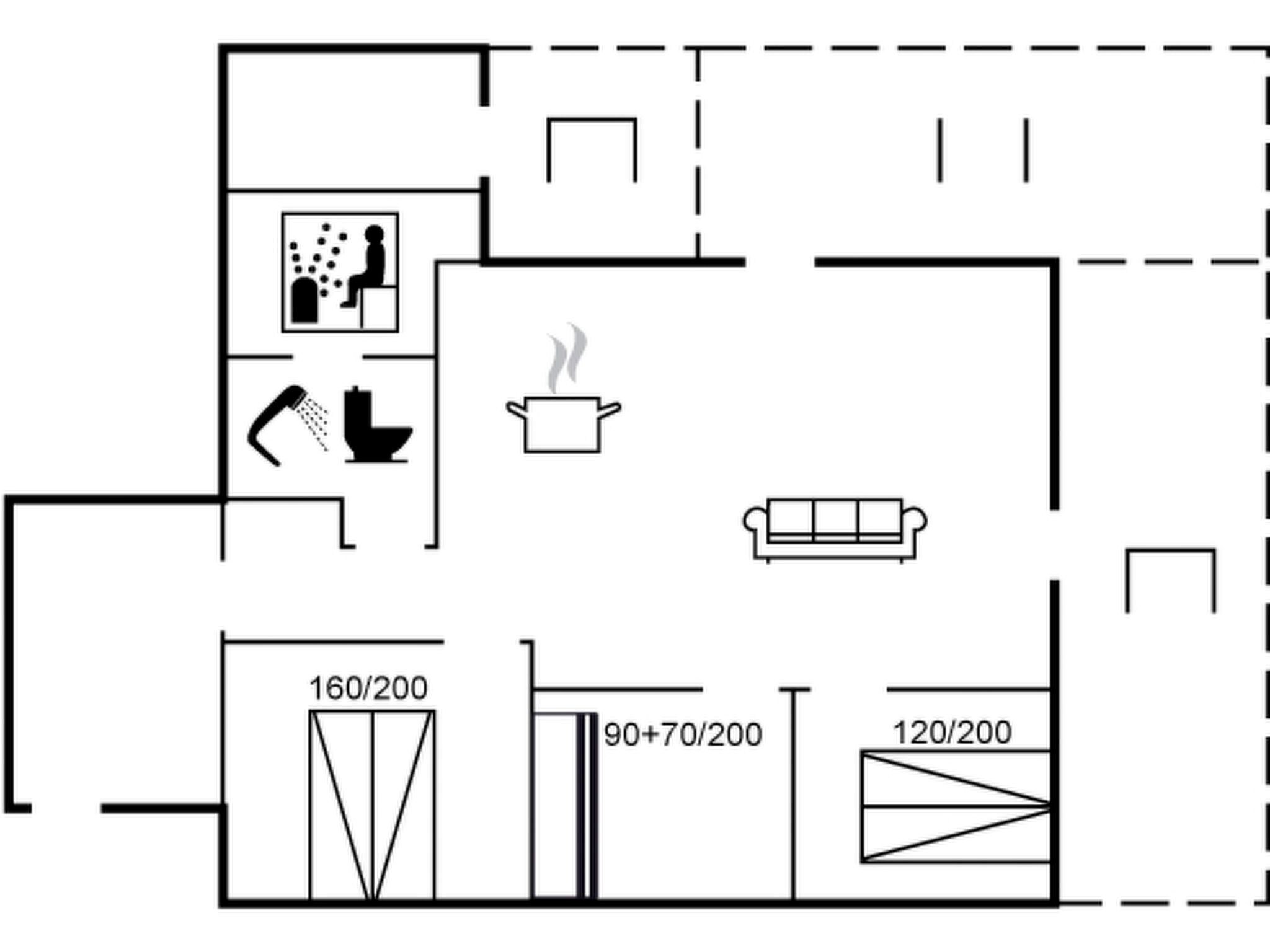 Pianta degli ambienti con cucina, bagno, soggiorno e camera da letto.