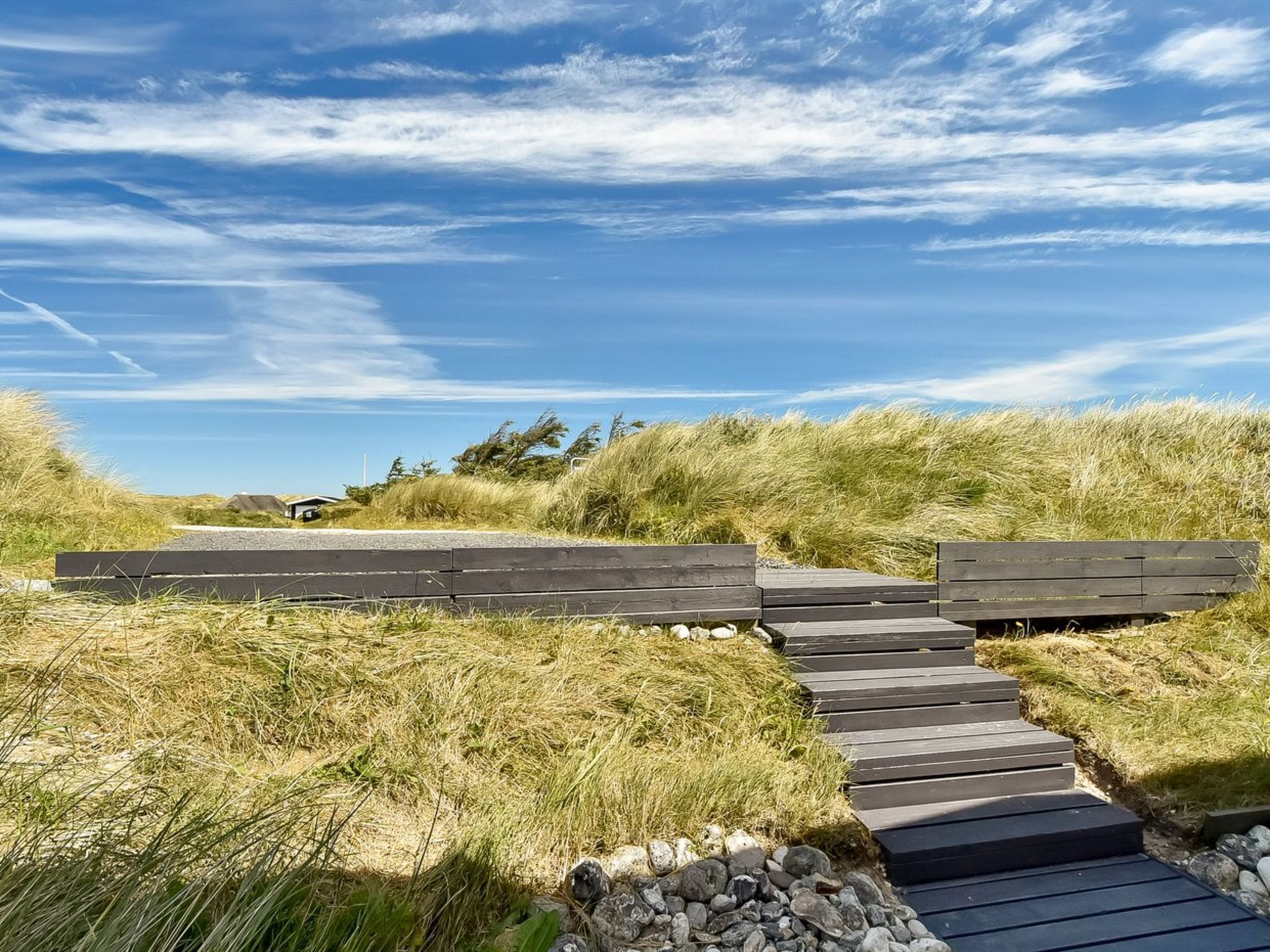 A wooden boardwalk leading through a grassy area with dunes in the background.