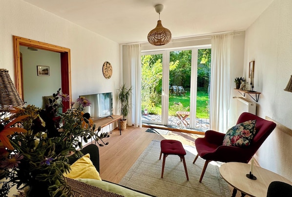 Smart TV, fireplace, table tennis, books