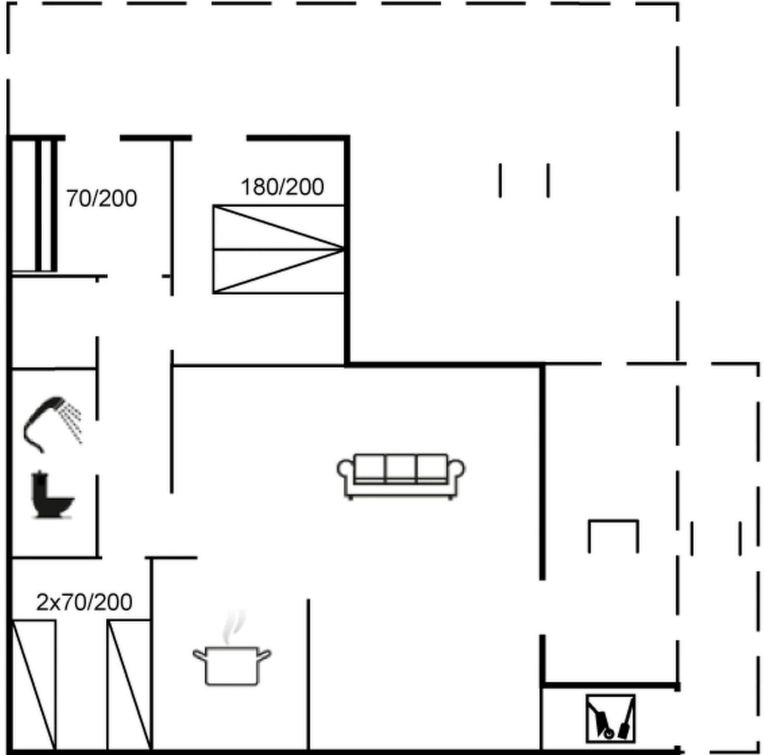 A floor plan with a kitchen area, a dining area, and a living room.