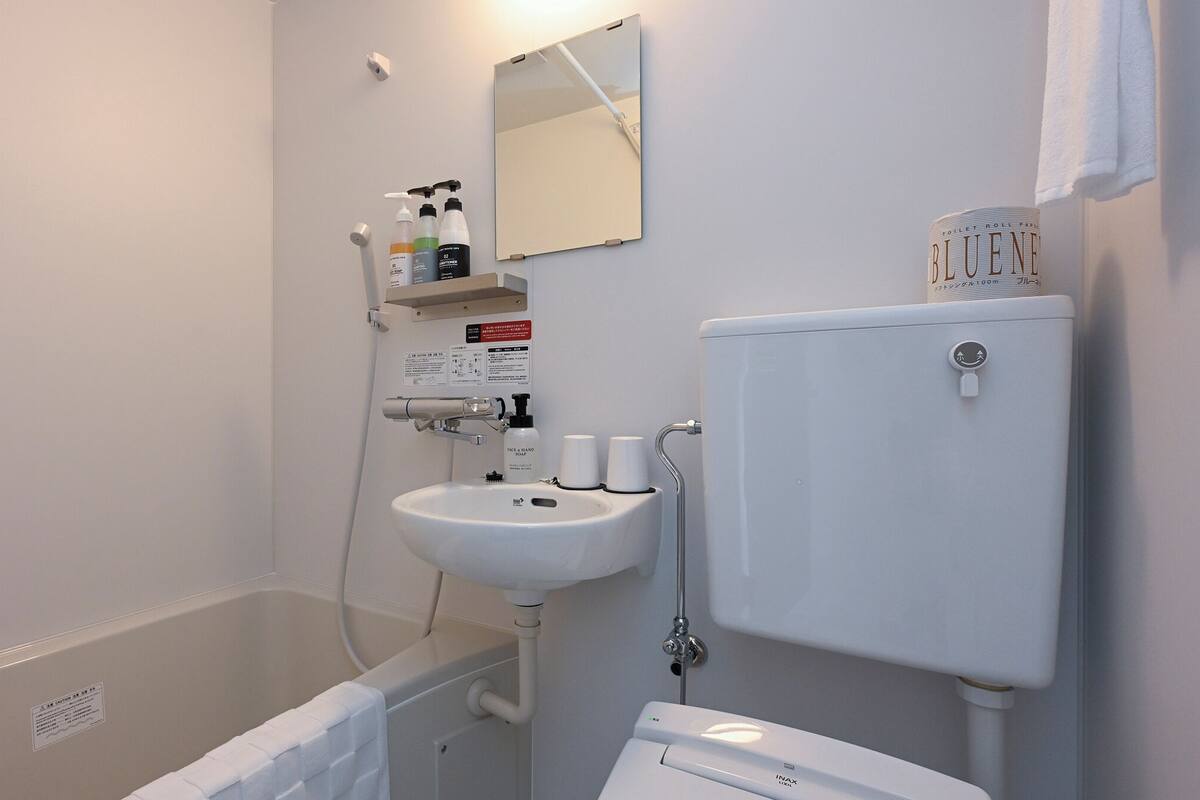 Combined shower/tub, free toiletries, hair dryer, slippers
