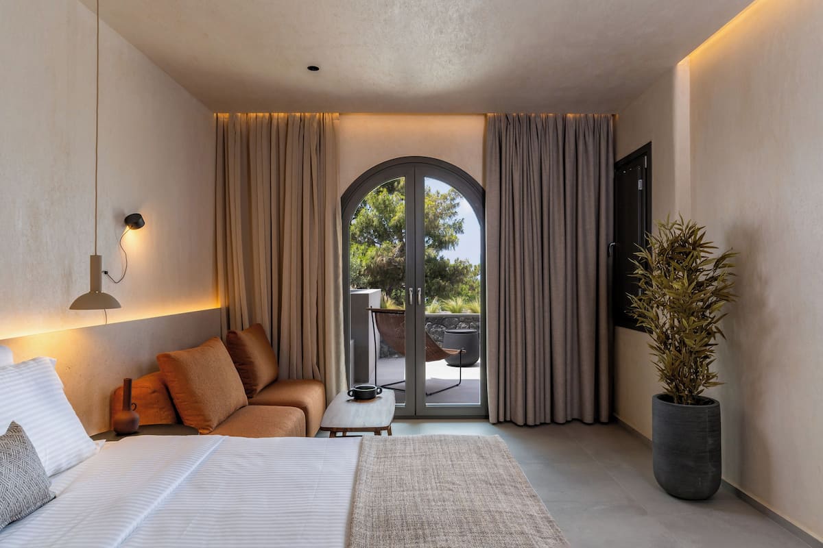 A modern hotel room with a bed, a sofa, a small table, and a large potted plant.