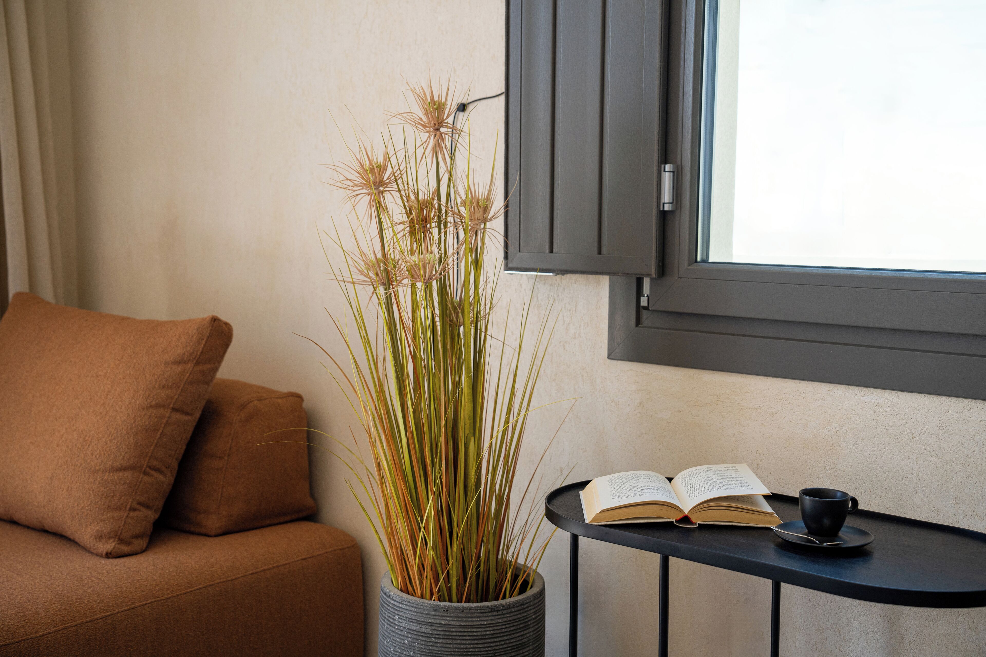 Une pièce avec un canapé marron, une petite table sur laquelle se trouvent un livre et une tasse, et une grande plante dans un pot gris.