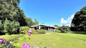 Une maison moderne avec une pelouse bien entretenue et des plantes en fleurs au premier plan.