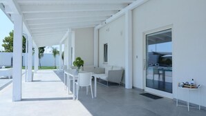 Un espacio al aire libre cubierto con una mesa de comedor y sillas, un sofá y un ventanal de vidrio que da a una piscina.