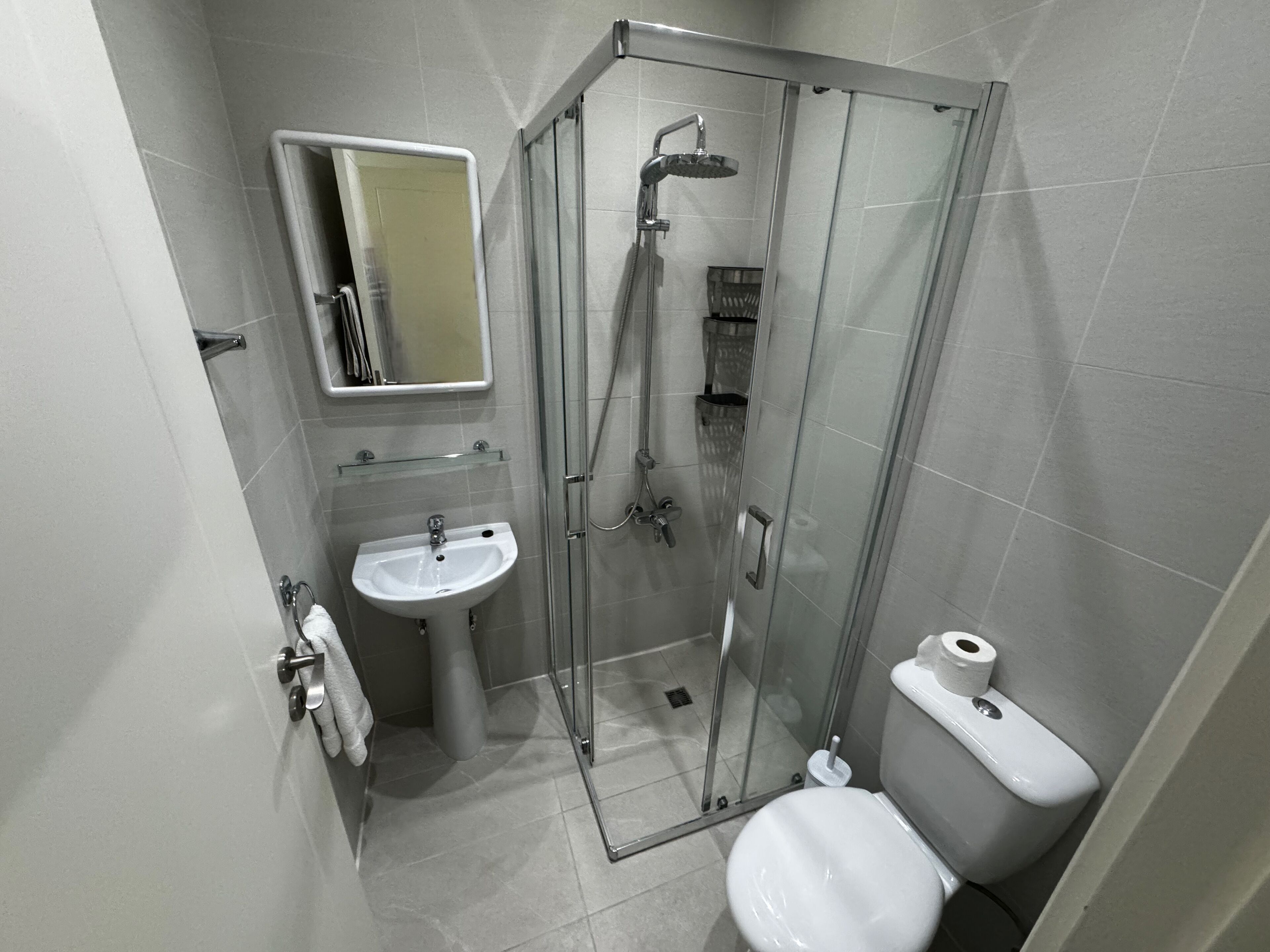 A modern bathroom with a glass-enclosed shower, a sink, and a toilet.