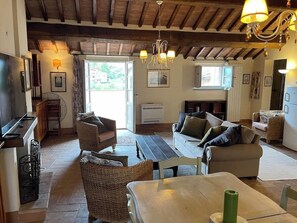 Télévision, cheminée, chaîne hi-fi