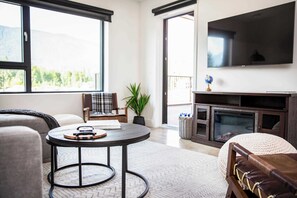 TV, fireplace, books, offices