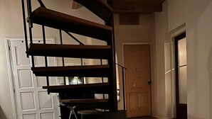 Ein modernes Interieur mit einer Wendeltreppe, einem Kamin und einer Tür zu einem weiteren Raum.