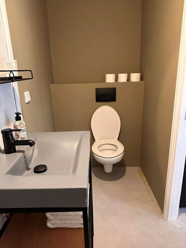 A small bathroom with a white sink, a toilet, and a shelf with three rolls of toilet paper.