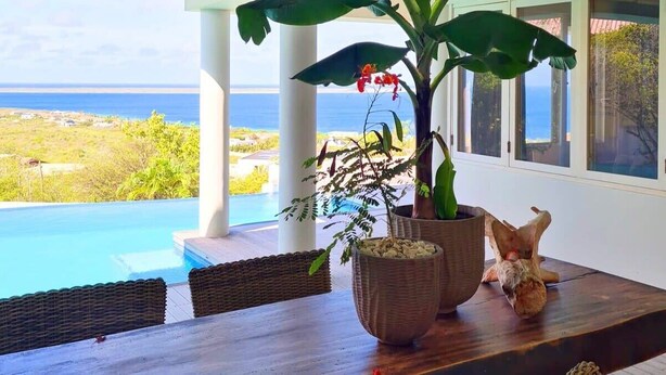 A wooden table with a potted plant and a small figurine, overlooking a pool and a view of the ocean. - Crown Terrace 18 by Bookaparadise (Kralendijk)