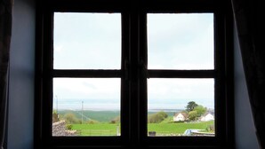 Una ventana con vistas a un paisaje verde y casas.