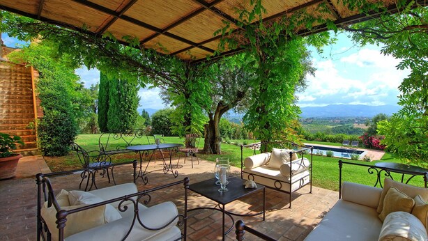 A covered patio with outdoor furniture, a pool, and a scenic view. - Villa Marliana - Luxury Villa with private pool (Cerreto Guidi)