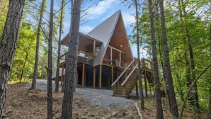 Una cabaña moderna de madera con techo inclinado, rodeada de altos árboles y un sendero de grava que conduce a la entrada.