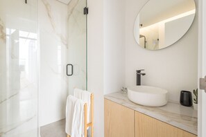Shower, hair dryer, towels