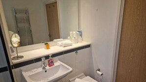 A bathroom with a sink, mirror, toilet, and towel rack. - Immaculate 1-bed Apartment in London (London)