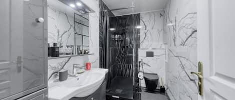 Hair dryer, towels, soap, toilet paper