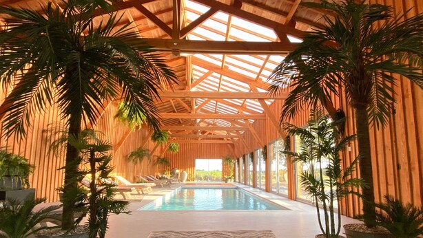 An indoor swimming pool with wooden beams and large windows, surrounded by potted plants. - Villa Biloba (Beaumontois-en-Périgord)
