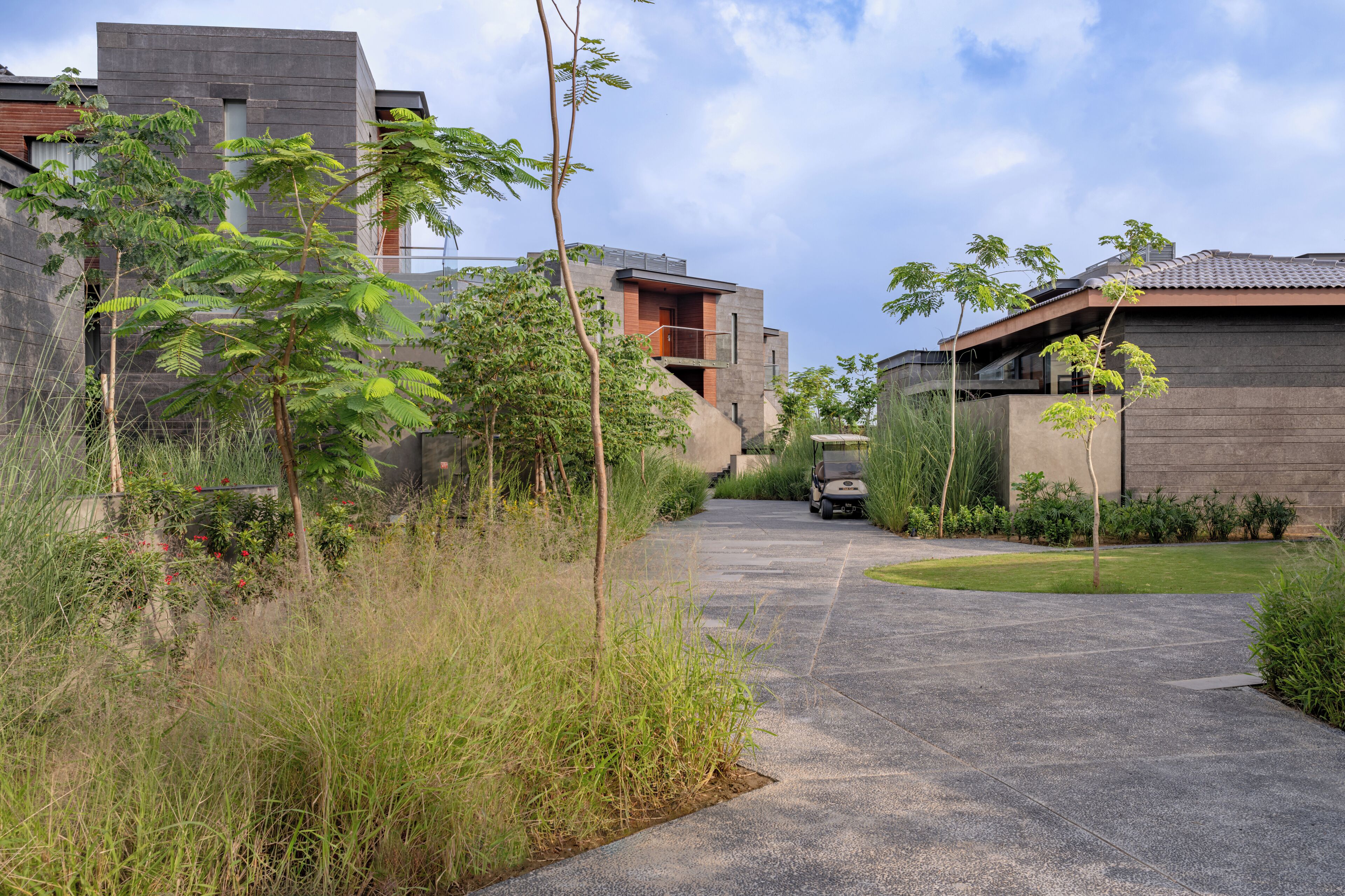 A modern building with a concrete facade, a paved driveway, and surrounding greenery.