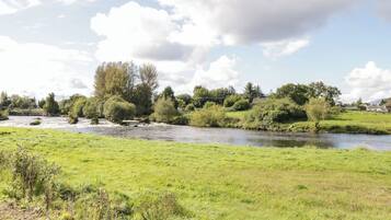 Un río serpentea por un campo cubierto de hierba, con árboles y casas al fondo.