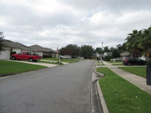 Stroll through a charming residential neighborhood lined with single-family homes and lush front yards.