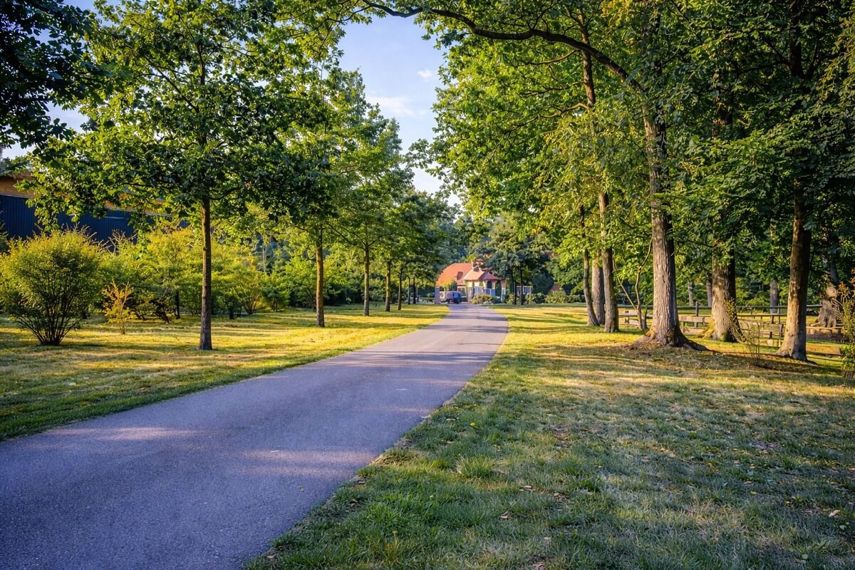 Ein gepflasterter Weg, der von Bäumen und Gras gesäumt wird und zu einem Haus mit rotem Dach führt.