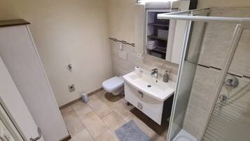 Shower, hair dryer, towels, toilet paper