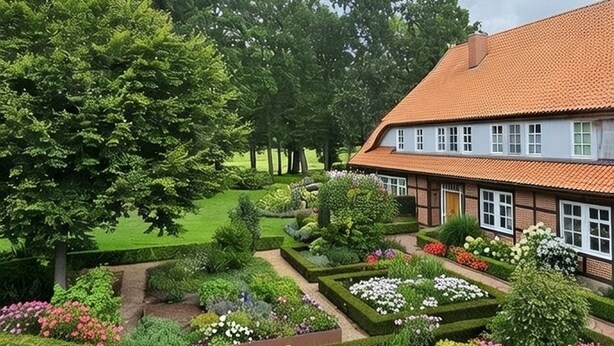 Ein traditionelles Haus mit Garten, umgeben von Bäumen.