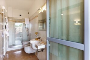A modern bathroom with a glass shower enclosure, a white sink, and a toilet.