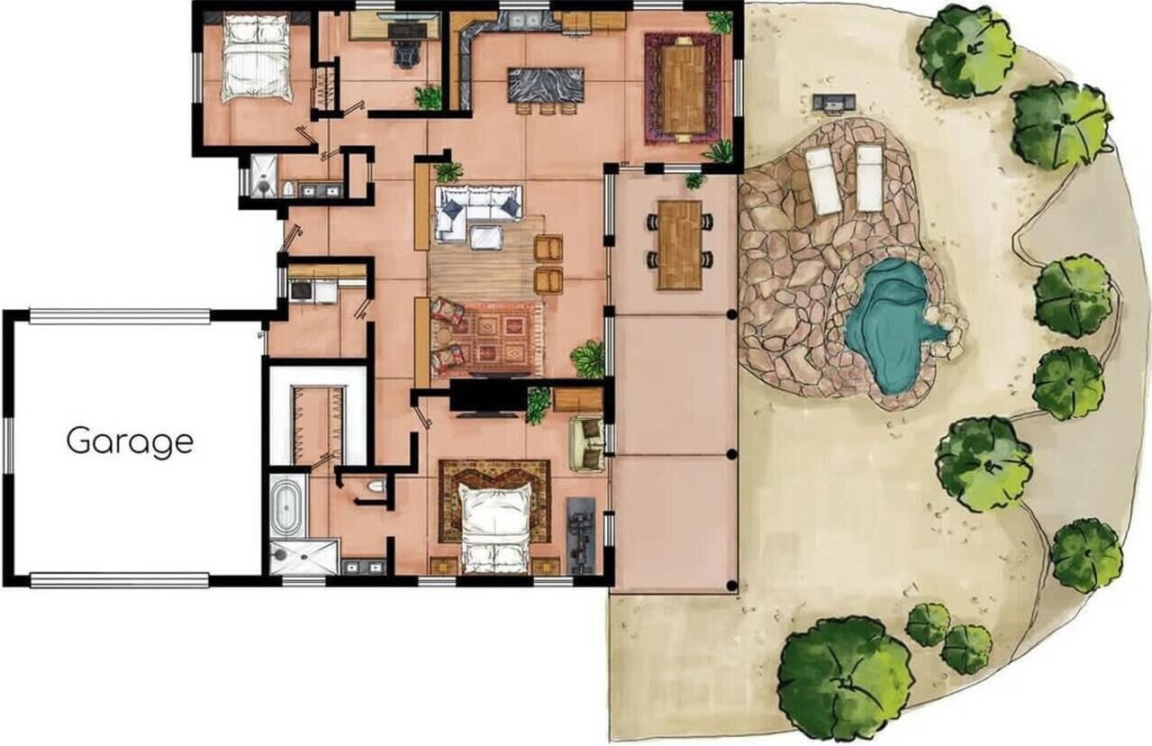 Een plattegrond van een huis met garage, meerdere slaapkamers, een woonkamer en een zwembad.