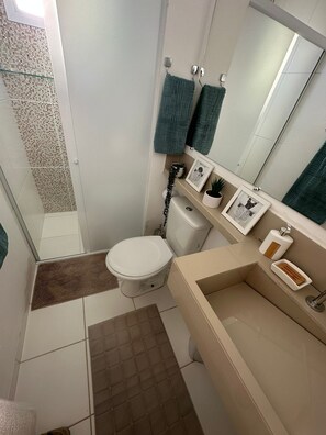 Dusche, Haartrockner, Handtücher, Seife