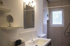 Shower, towels, toilet paper