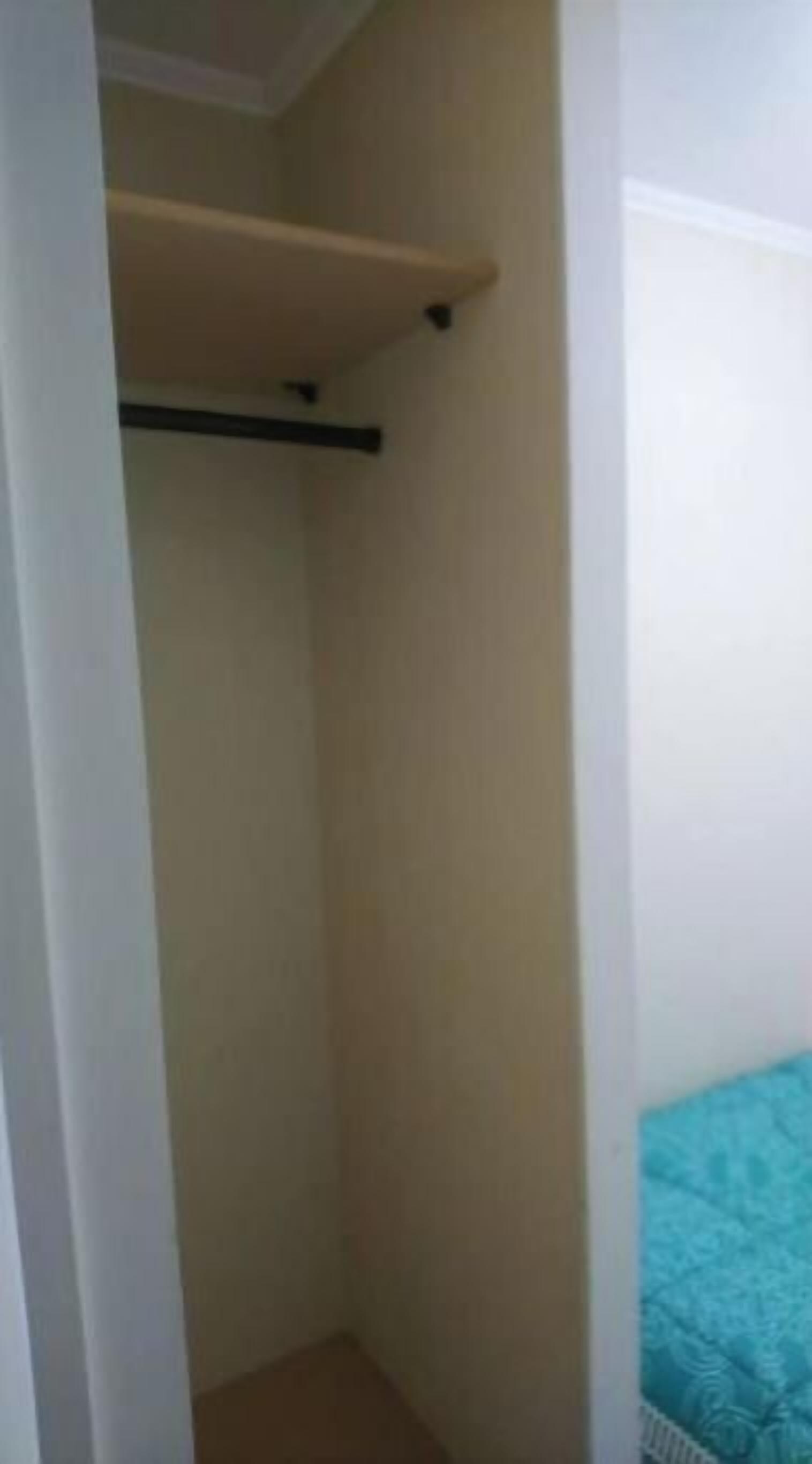 A small, enclosed closet with a wooden shelf and a door.
