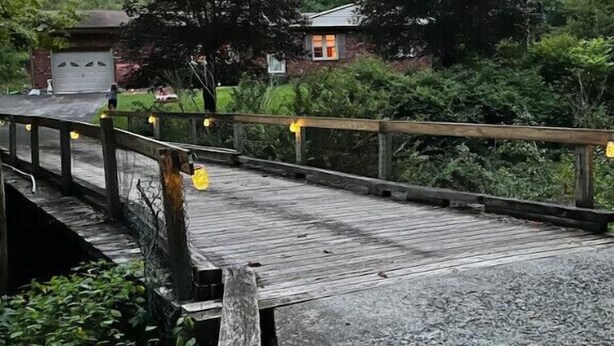 A wooden bridge with a railing, surrounded by dense greenery and a small building with a red roof. - Creekside Rural Retreat in Beautiful Ashe County
 (Lansing)