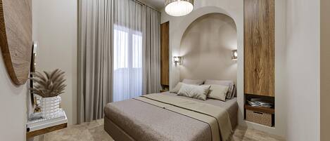 A modern bedroom with a large bed, a bedside table with a vase, and a wooden headboard.