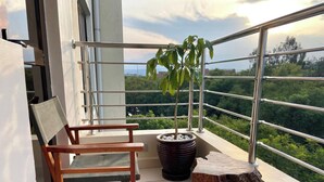 A balcony with a wooden chair, a small table, and a potted plant. - Midtown B61 Apartment (Nakuru)