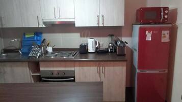 Fridge, microwave, oven, electric kettle