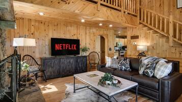 Smart TV, fireplace, books, offices