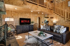 TV connectée, cheminée, livres, espaces bureaux