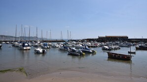 Un port de plaisance où sont amarrés de nombreux bateaux, une plage de sable au premier plan et un bâtiment en arrière-plan.