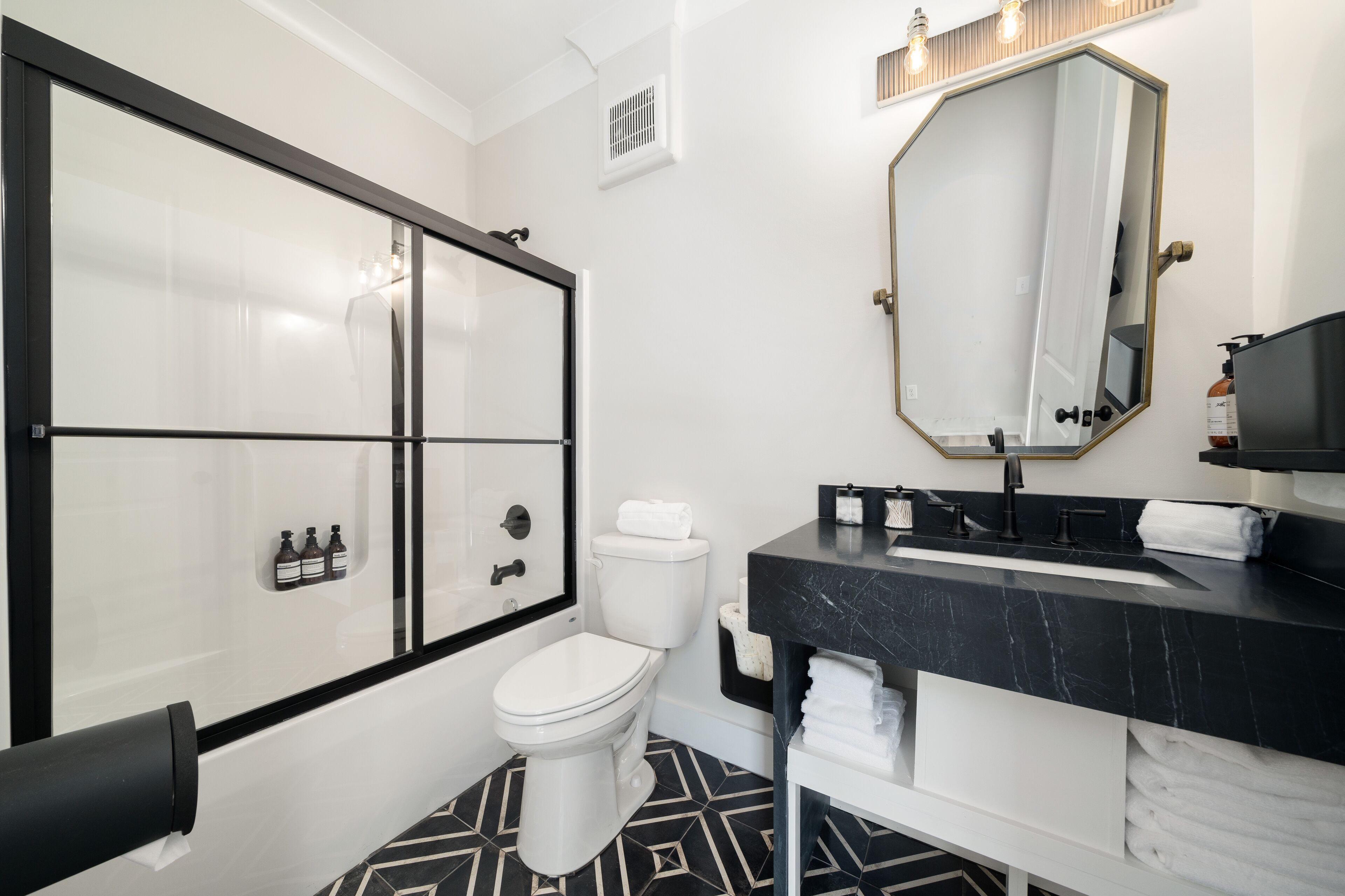 Hair dryer, towels, toilet paper
