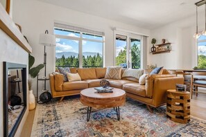 TV connectée, cheminée, livres