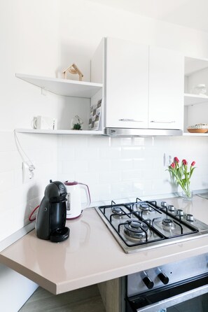 Frigorífico, microondas, horno y placa de cocina