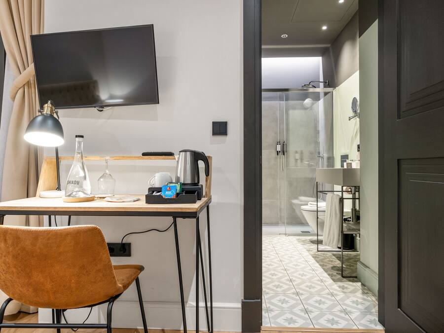 A modern hotel room with a desk, chair, television, and a shower area.