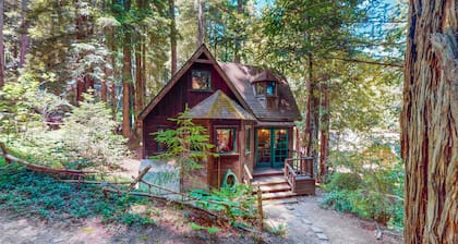 Dog-friendly cottage in the redwoods with private hot tub & amazing deck