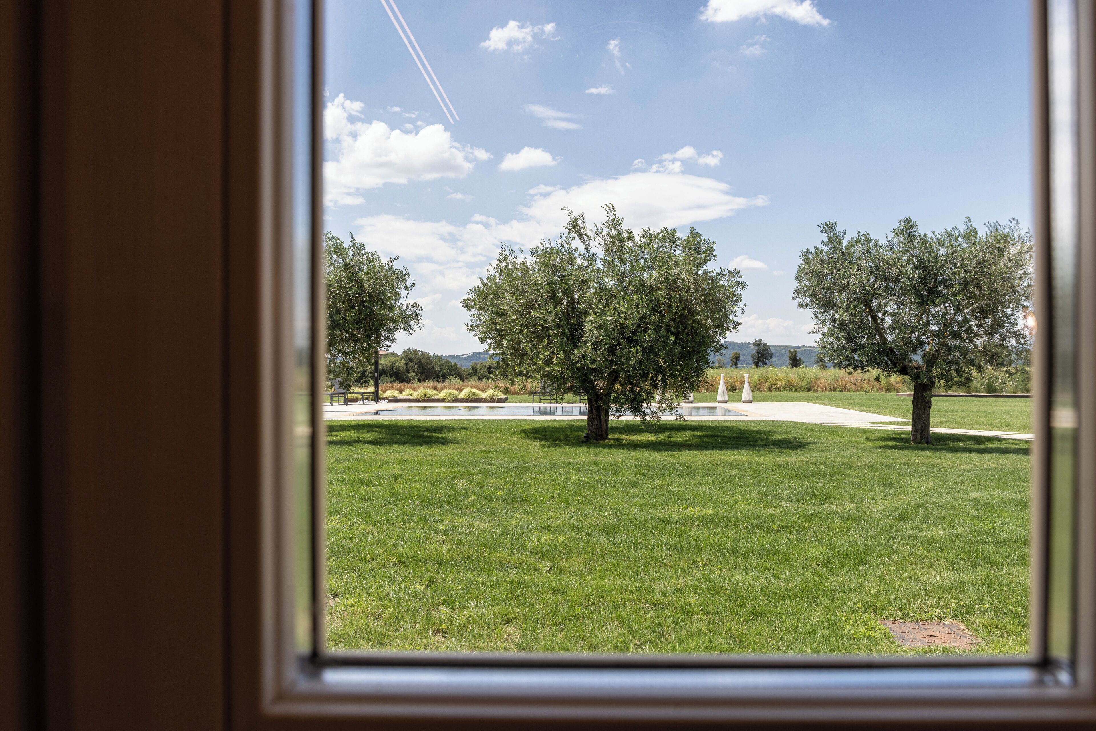 A view through a window of a grassy area with trees and a clear sky.